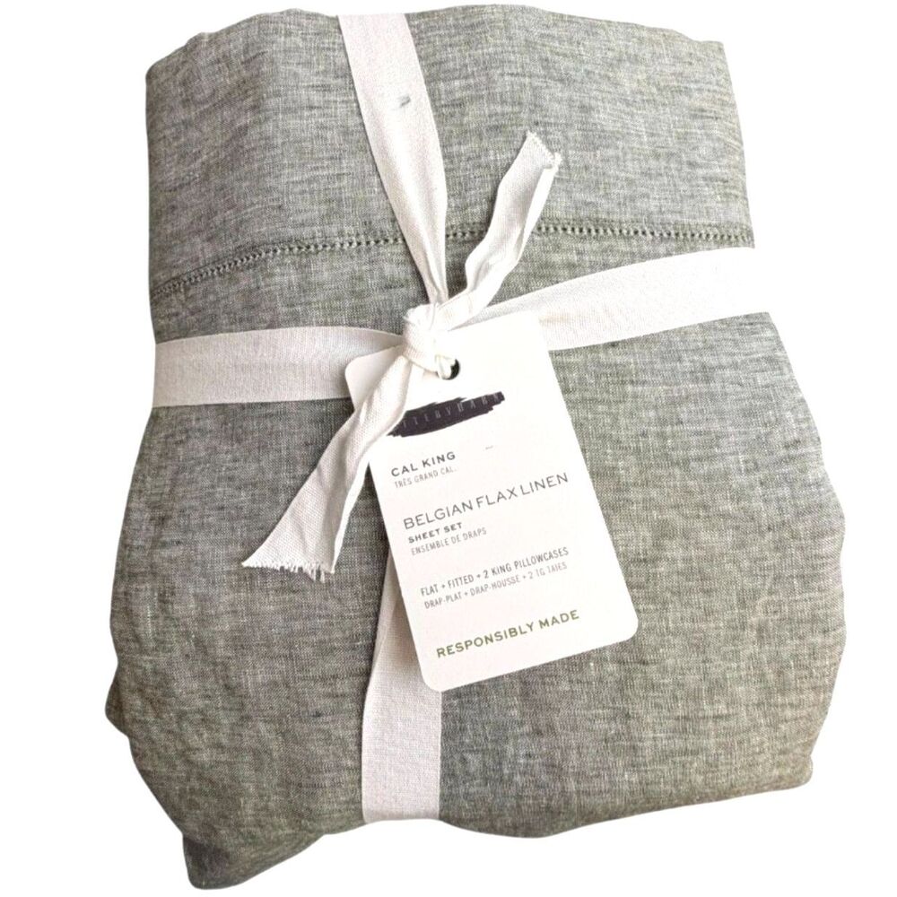 Pottery Barn Belgian Flax Linen Sheet Set King/Cal King Neutral Green NEW